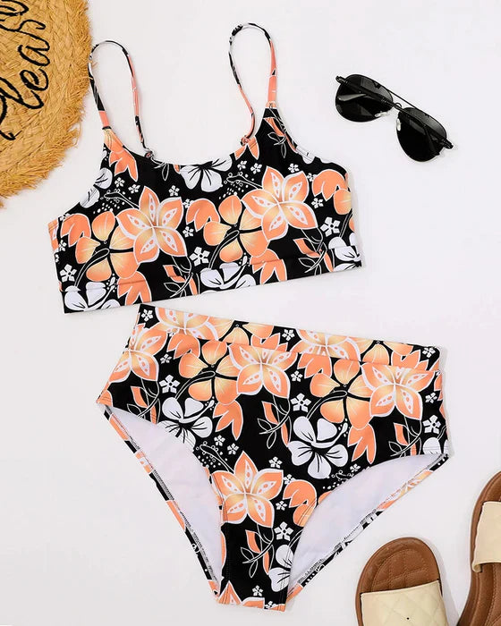 Women's Bikini Set – High Waist – Tank Top with Straps – Floral – Breathable Stretch Fabric