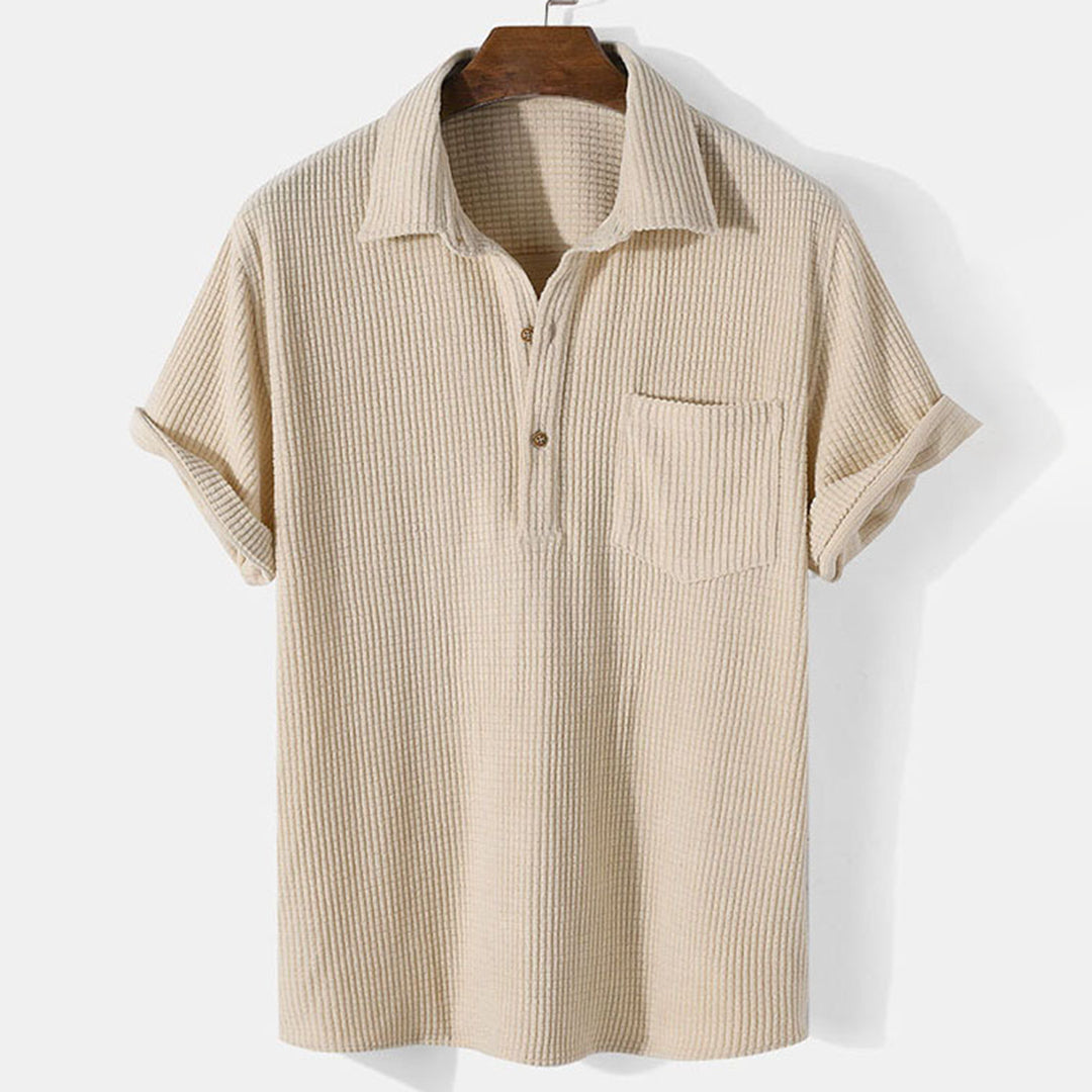 Men's Polo Shirt - Ribbed Texture - Button Closure - Short Sleeve - Chest Pocket