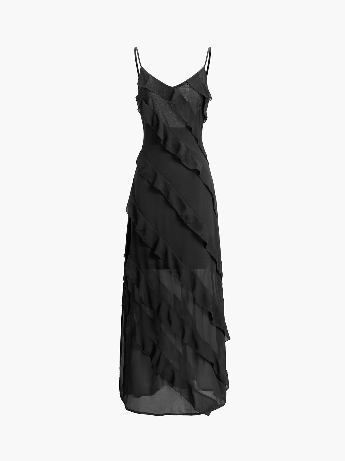 Women's Evening Dress - Long Flowy Silhouette - Spaghetti Straps - Elegant with Ruffle Details