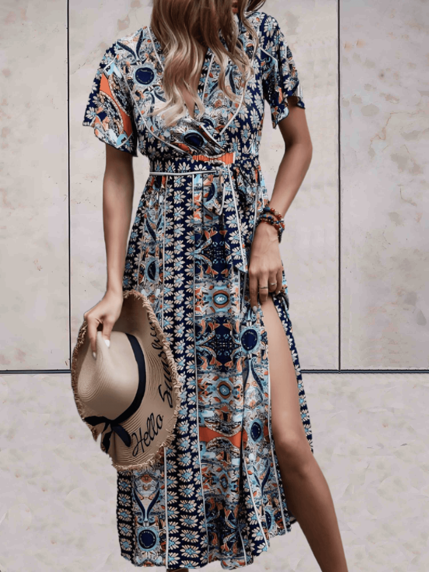 Women's Wrap Dress - V-neck - Short Sleeves - Waist Tie - A-line with Slit