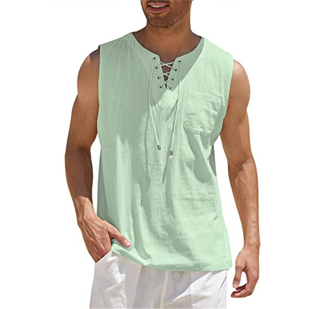 Men's Sleeveless Top - Relaxed Fit - V-neck with Lace-up Closure - Light and Breathable