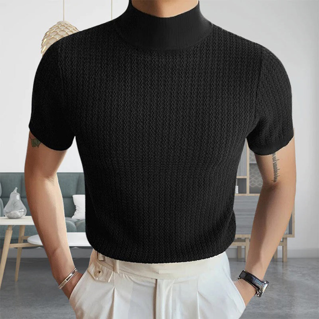 Men's Knit Sweater - Turtleneck - Ribbed Texture - Slim Fit - Short Sleeve