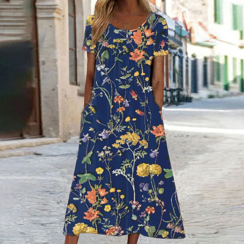 Dress for Women – A-line Fit – Breathable Fabric – Floral Print – Short Sleeves – With Pockets