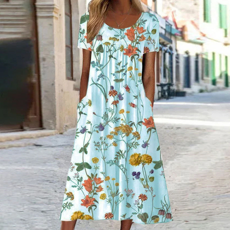Dress for Women – A-line Fit – Breathable Fabric – Floral Print – Short Sleeves – With Pockets