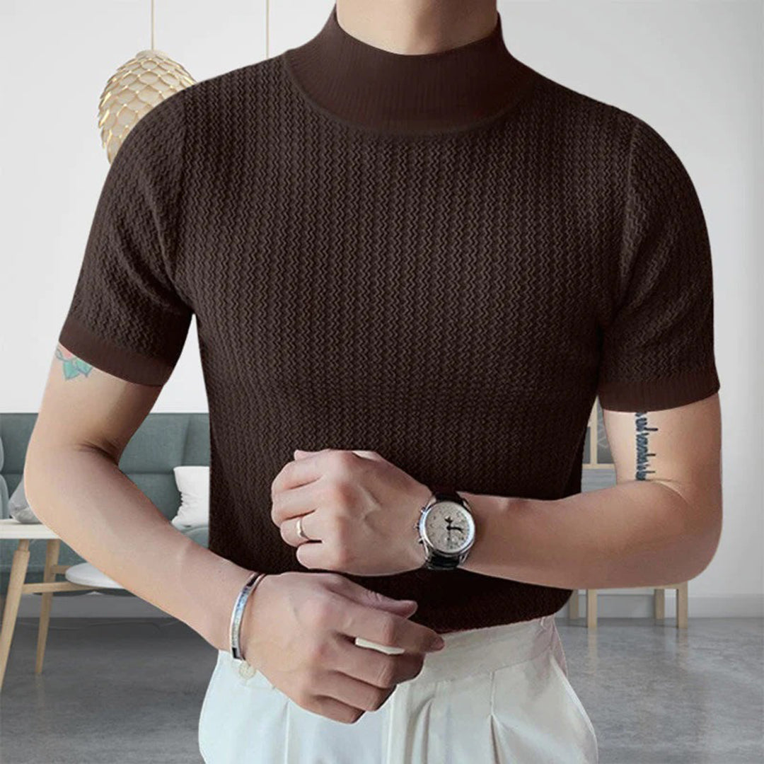 Men's Knit Sweater - Turtleneck - Ribbed Texture - Slim Fit - Short Sleeve