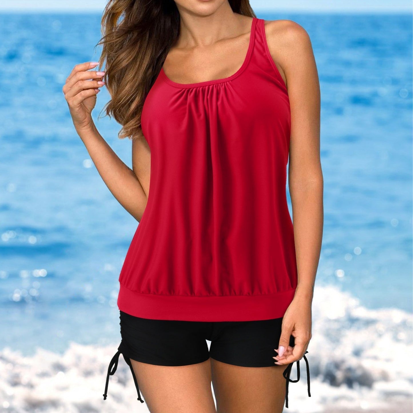 Women's Tankini Top and Shorts – Breathable Stretch Fabric – U-Neck – Ruched Bust – Adjustable Sides