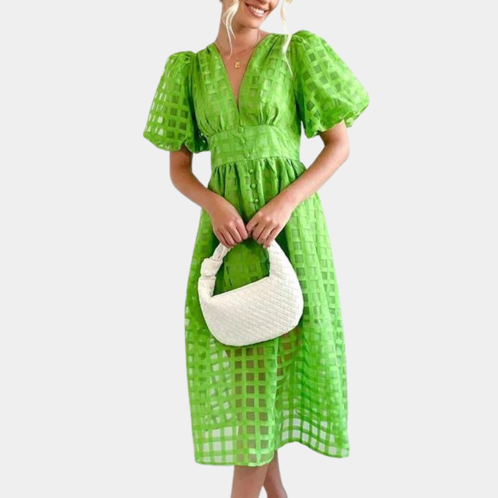 Damekjole - A-line Snit - Midi Længde - Dyb V-hals - Pufærmer - Elegant Design
