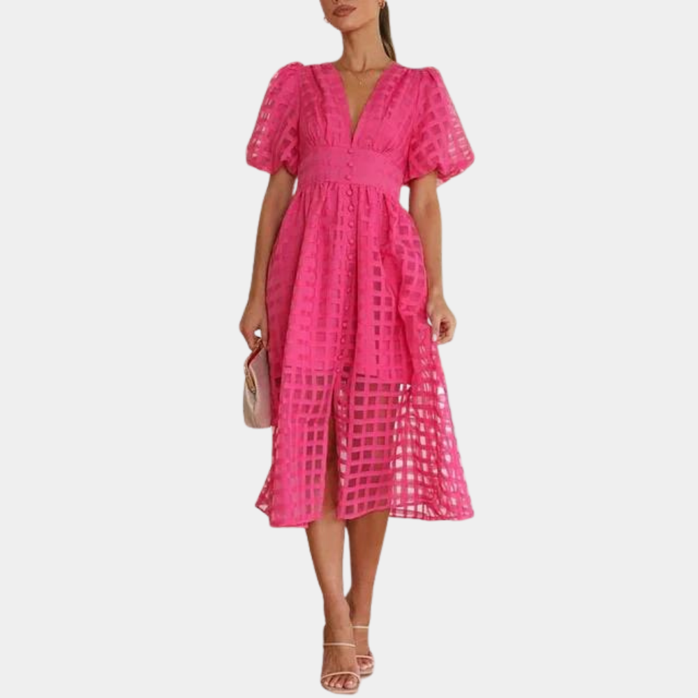 Damekjole - A-line Snit - Midi Længde - Dyb V-hals - Pufærmer - Elegant Design