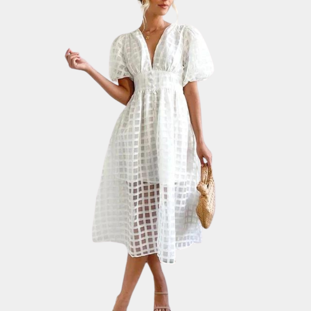 Damekjole - A-line Snit - Midi Længde - Dyb V-hals - Pufærmer - Elegant Design
