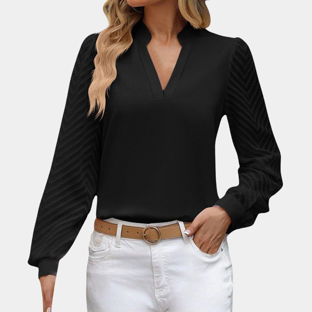 Damebluse - V-hals med Kravedetalje - Lange Ærmer i Let Transparrent Tekstur - Elegant og Komfortabel