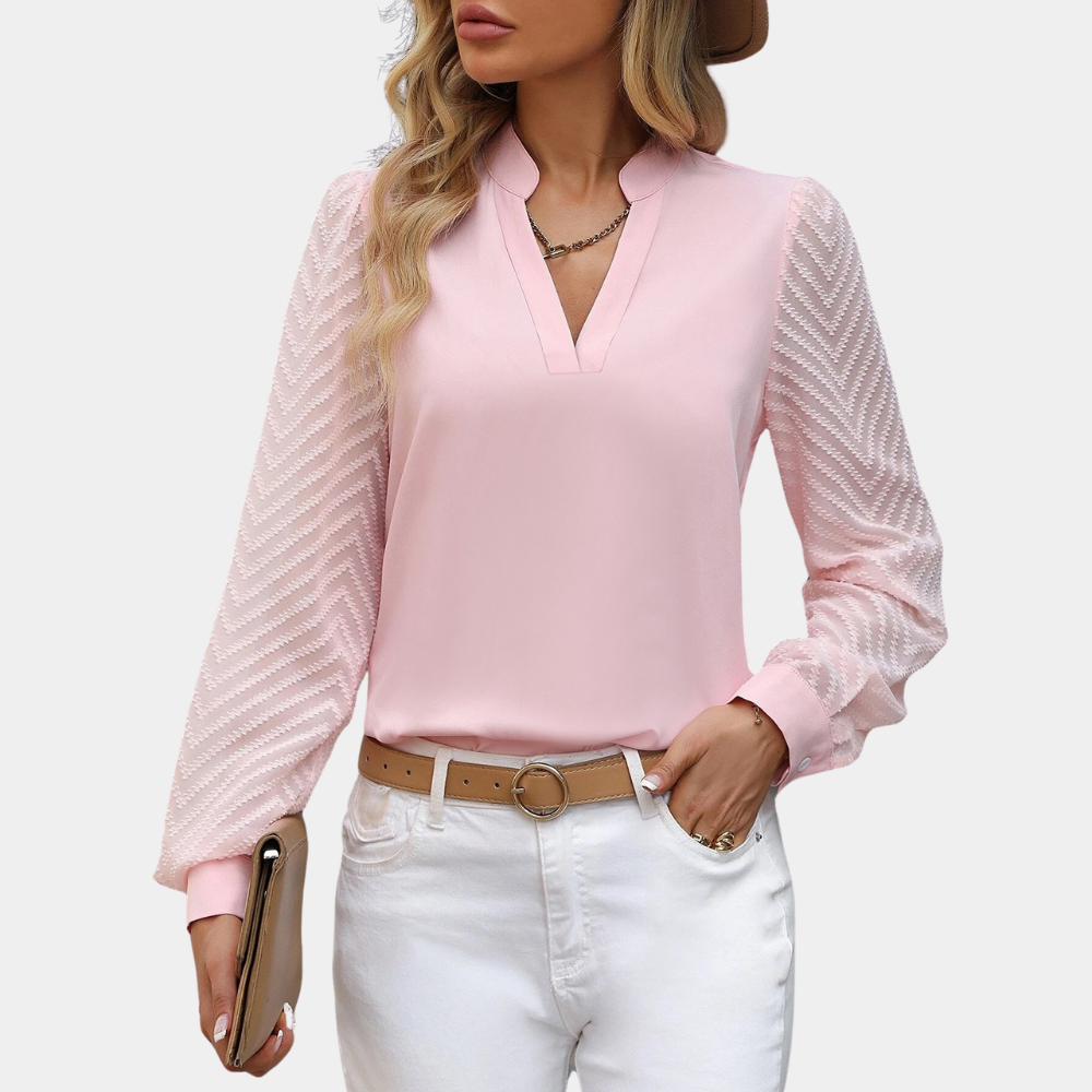 Damebluse - V-hals med Kravedetalje - Lange Ærmer i Let Transparrent Tekstur - Elegant og Komfortabel