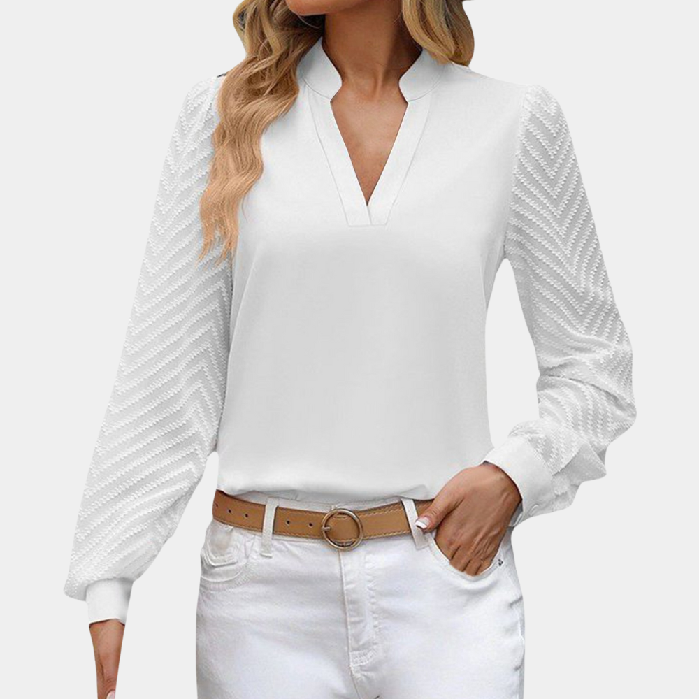 Damebluse - V-hals med Kravedetalje - Lange Ærmer i Let Transparrent Tekstur - Elegant og Komfortabel