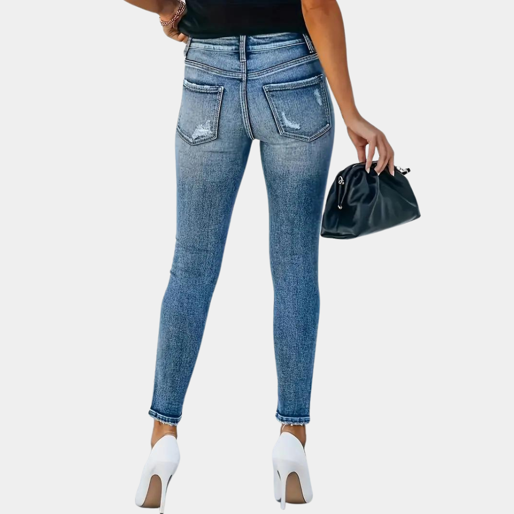 Dame Skinny Jeans - Høj Talje - Knaplukning - Tætsiddende Pasform - Sliddet Look