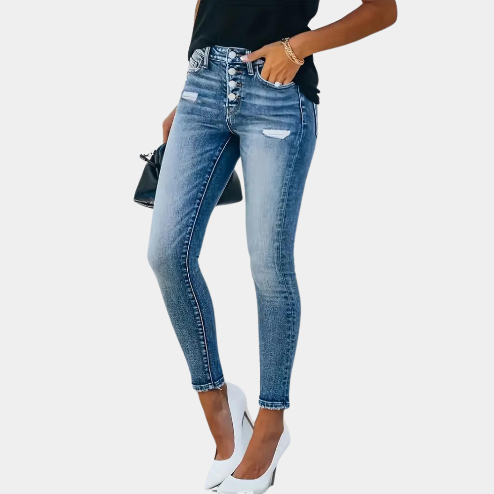 Dame Skinny Jeans - Høj Talje - Knaplukning - Tætsiddende Pasform - Sliddet Look