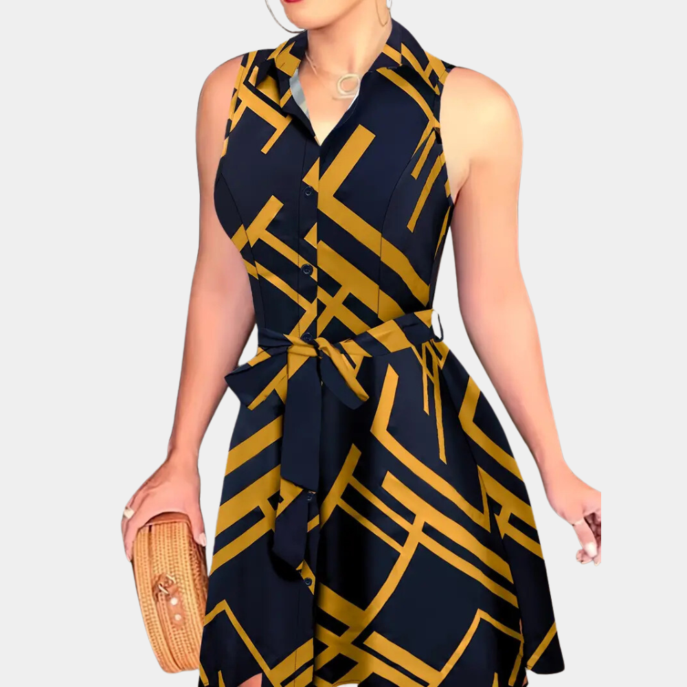 Dame Skjortekjole - Ærmeløs A-line - Knaplukning - Taljebælte - Elegant Look