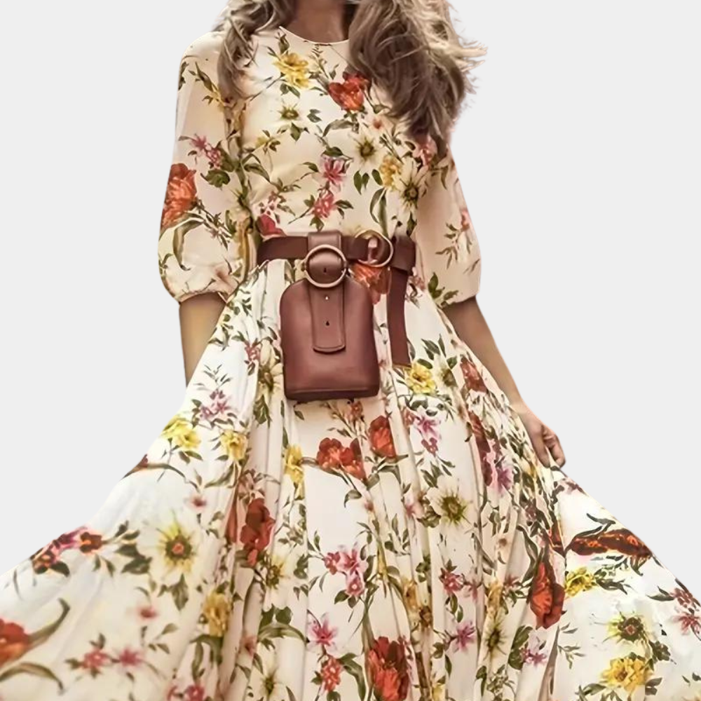 Dame Maxi Kjole - Blomsterprint - A-linje - Pufærmer - Rund hals - Elegant og Luftig