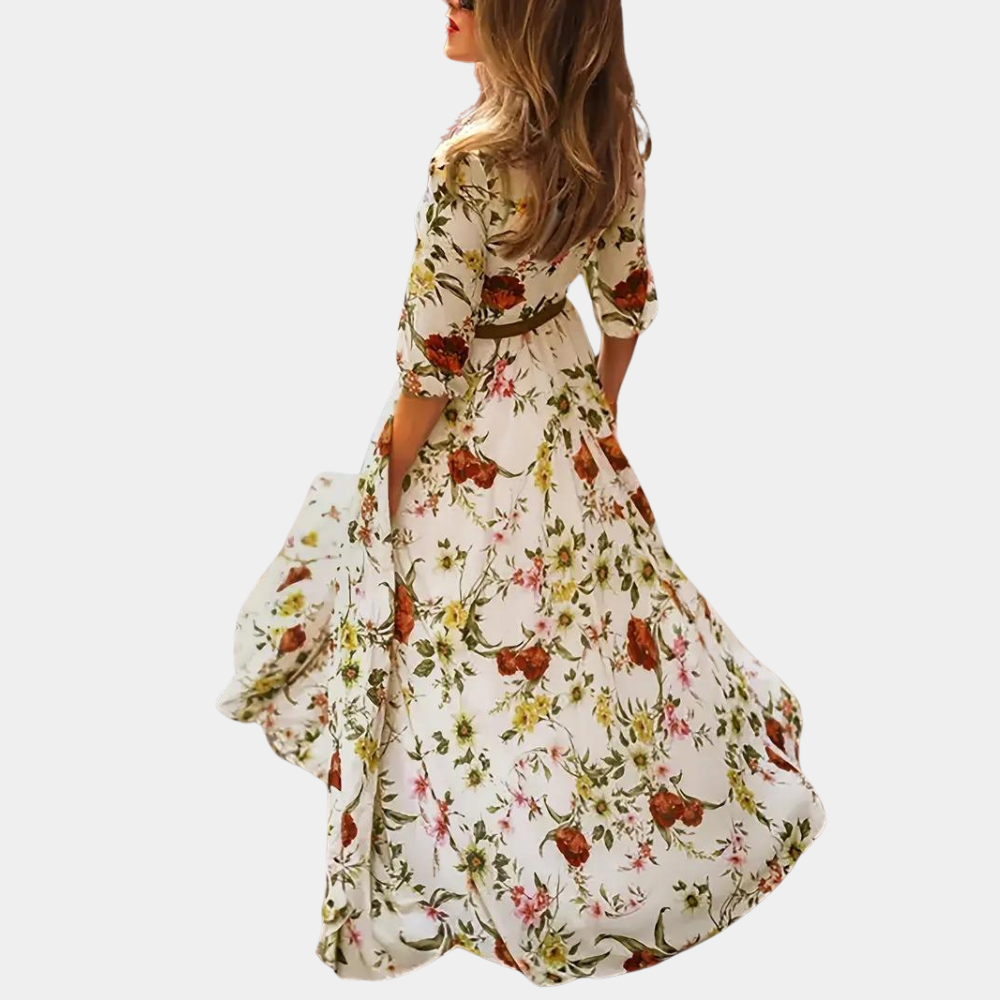 Dame Maxi Kjole - Blomsterprint - A-linje - Pufærmer - Rund hals - Elegant og Luftig
