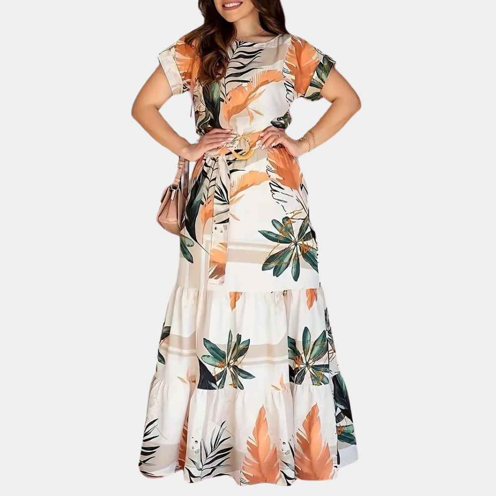 Dame Maxi Kjole - Blomstret Print - Bælte i Taljen - Korte Ærmer - Let og Luftig