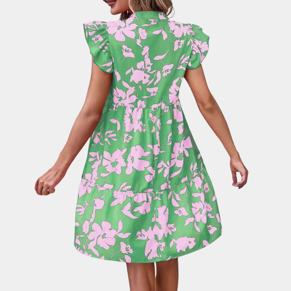 Damekjole - A-linje Pasform - V-Hals - Korte Ærmer med Flæsedetaljer - Blomsterprint