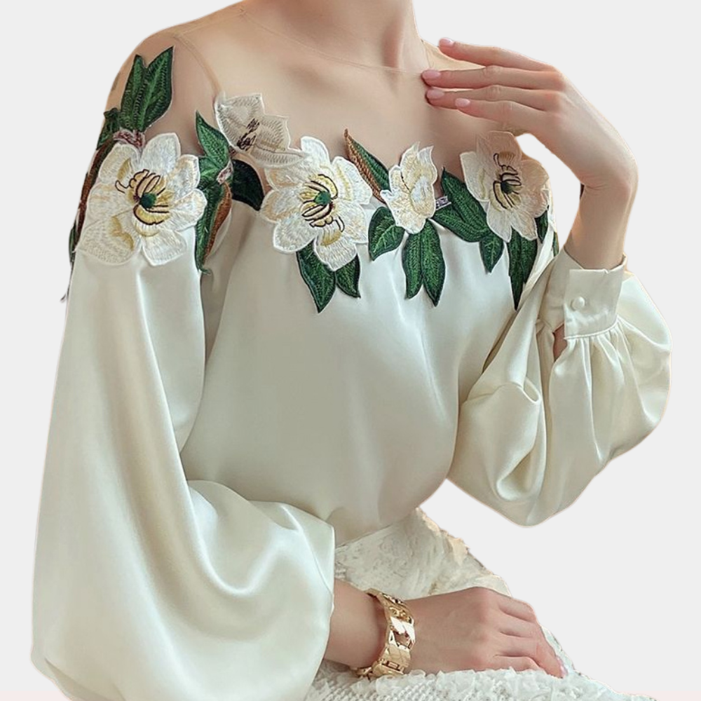 Women's Blouse - Silky Satin - Off-Shoulder - Long Voluminous Sleeves - Embroidered Organza