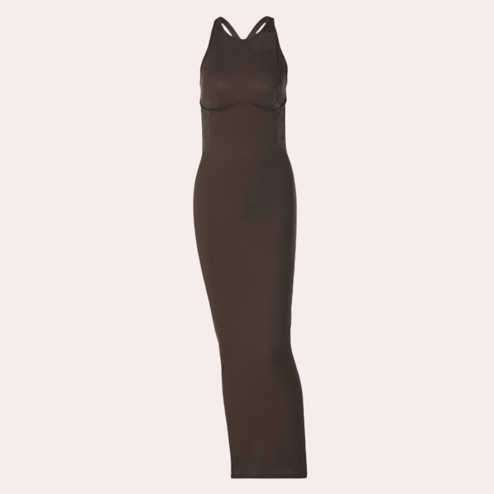 Dame Maxi Kjole - Ærmeløs Ribstrik - Figursyet med Høj Hals - Elegant & Komfortabel