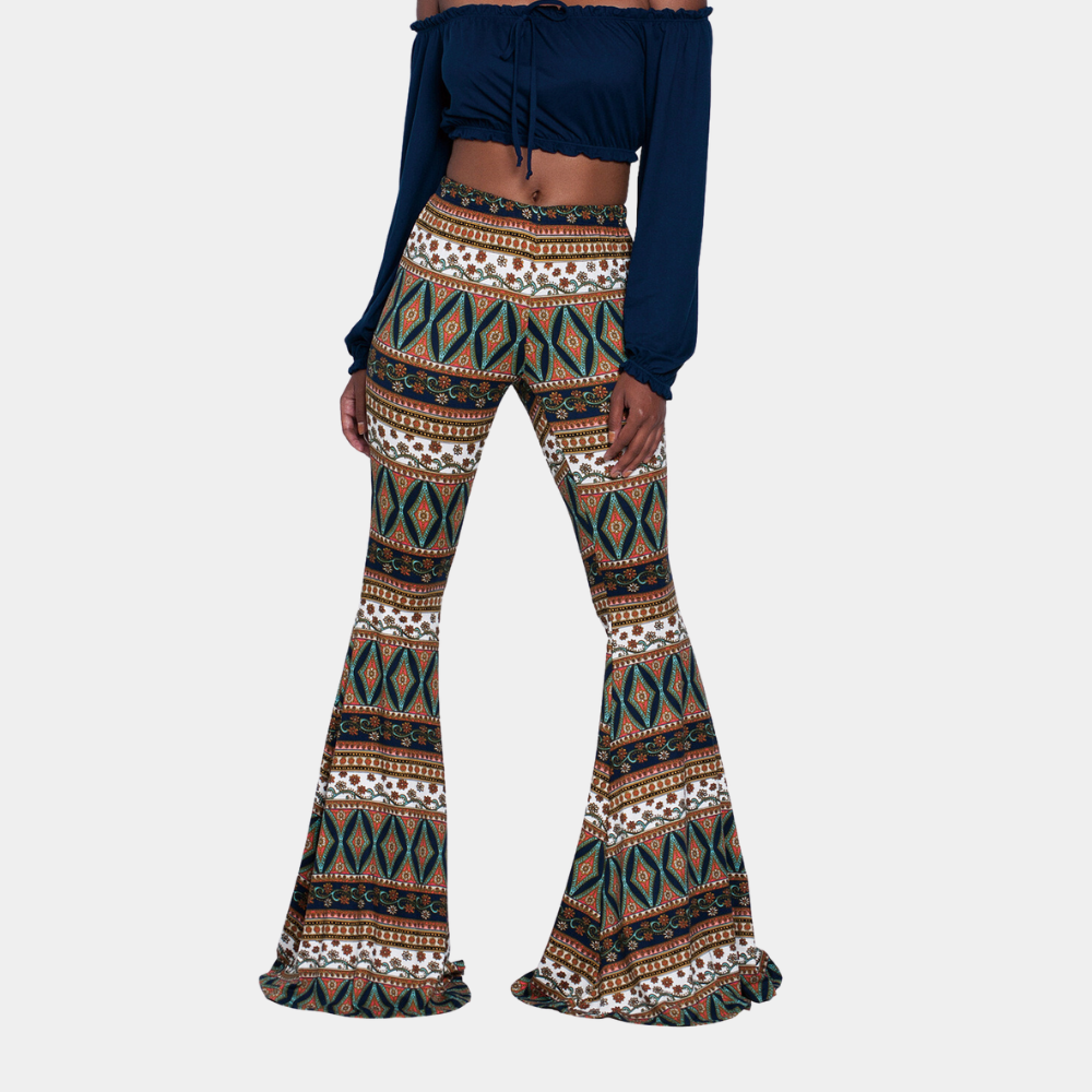 Women's Pants – Flared Fit – High Waist – Bohemian Pattern – Trendy Casual Look
