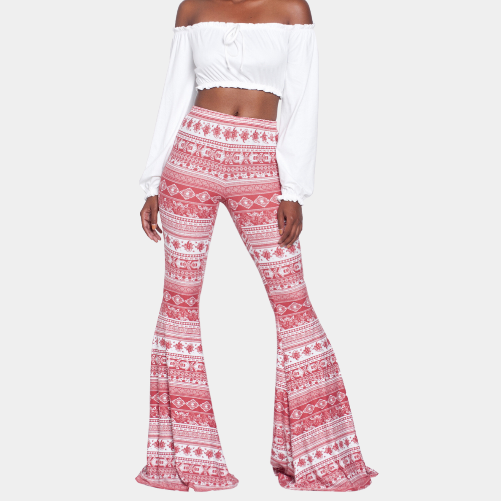 Women's Pants – Flared Fit – High Waist – Bohemian Pattern – Trendy Casual Look