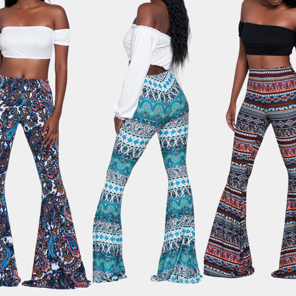 Women's Pants – Flared Fit – High Waist – Bohemian Pattern – Trendy Casual Look