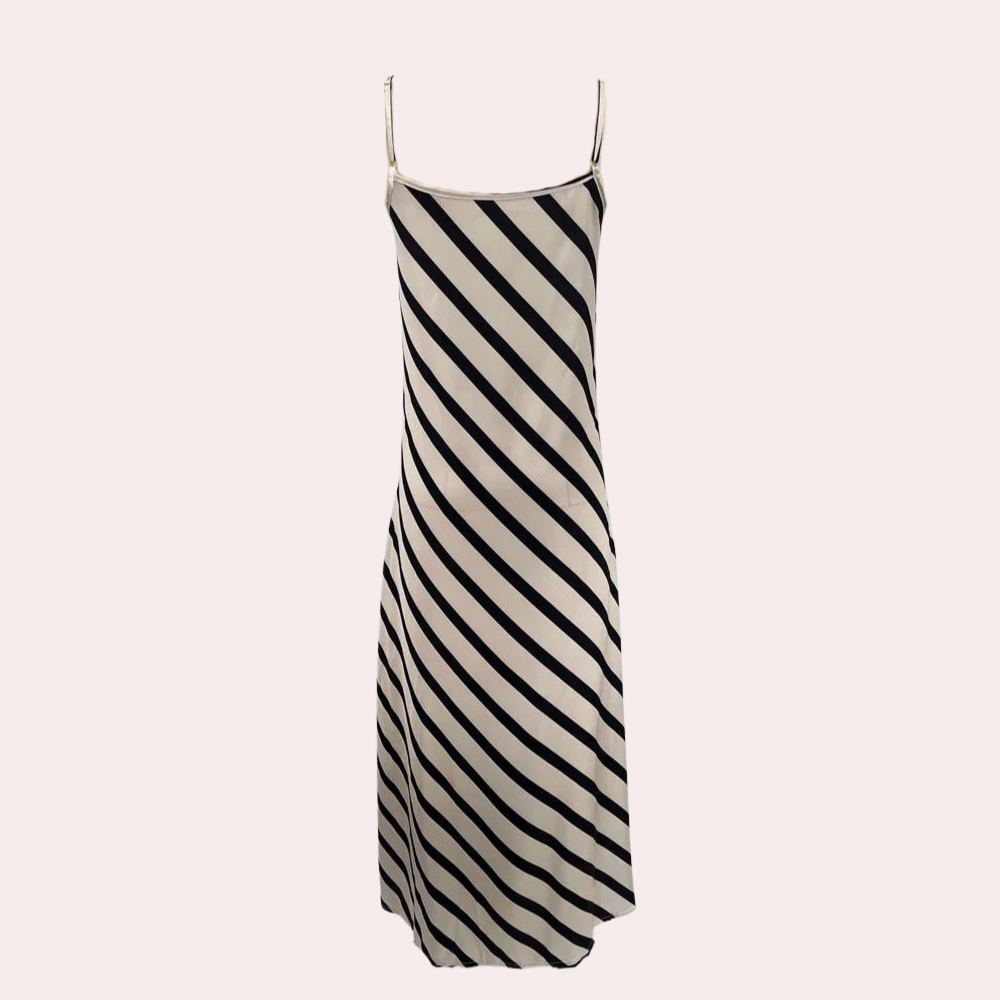 Dame Slipkjole - Lang Elegante Pasform - Silke/Satin - Spaghettistropper - Stribet