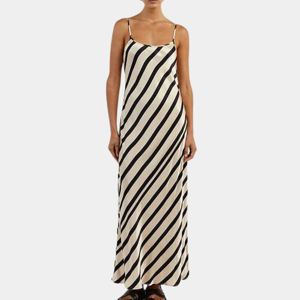 Dame Slipkjole - Lang Elegante Pasform - Silke/Satin - Spaghettistropper - Stribet