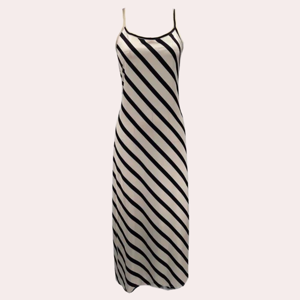 Dame Slipkjole - Lang Elegante Pasform - Silke/Satin - Spaghettistropper - Stribet