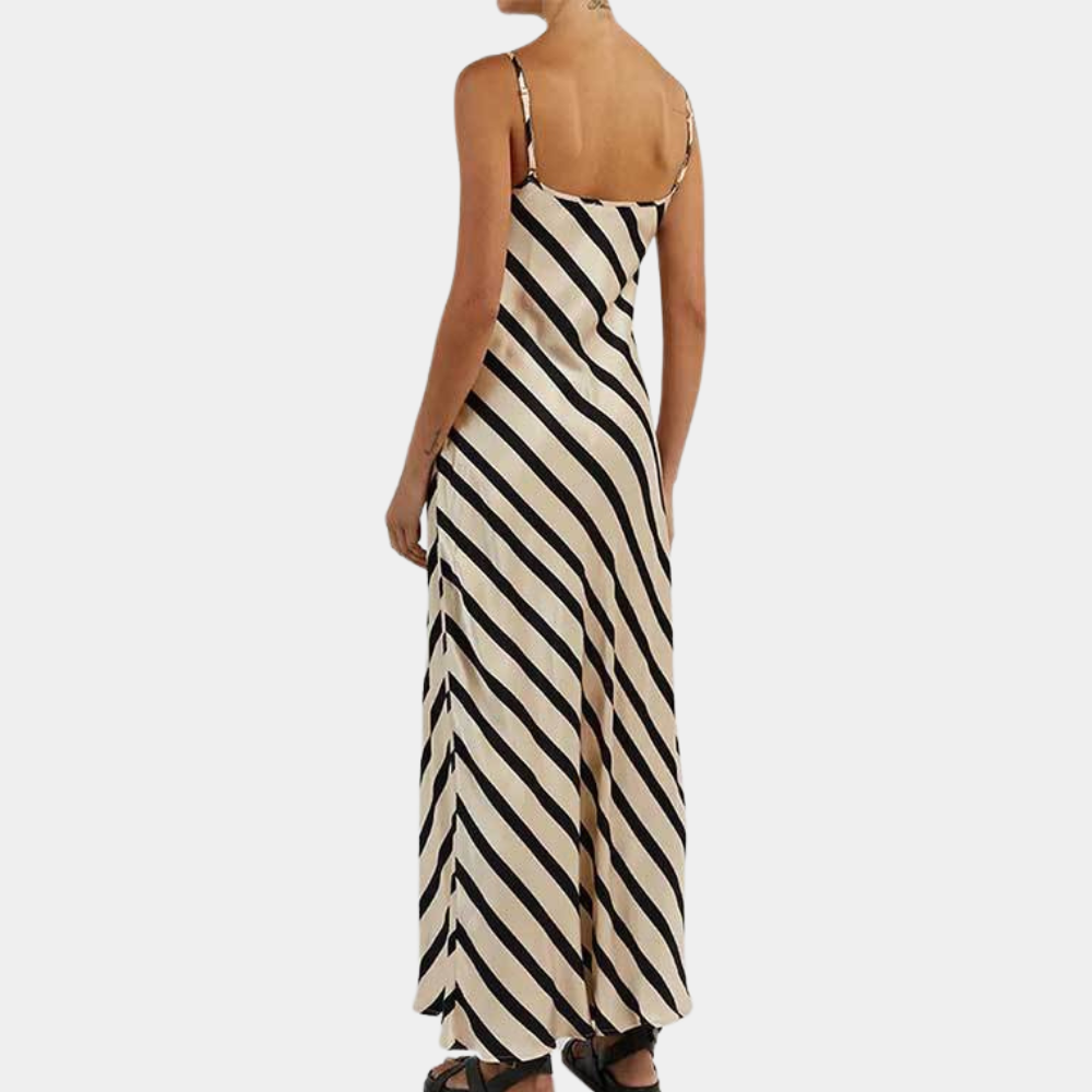 Dame Slipkjole - Lang Elegante Pasform - Silke/Satin - Spaghettistropper - Stribet