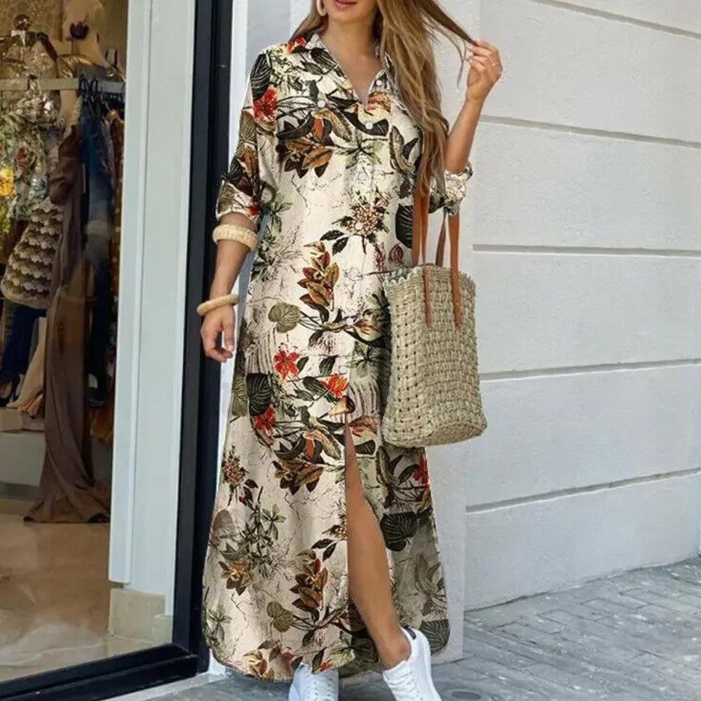 Dame Skjortekjole - Maxi Længde - Knaplukning - Camouflage Print - Casual Look