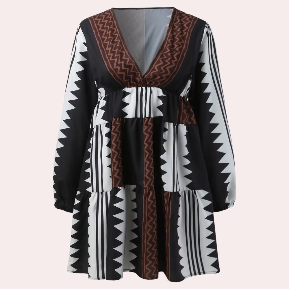 Dame Kjole - A-formet Pasform - V-hals - 3/4 Ærmer - Geometrisk Mønster - Casual Look