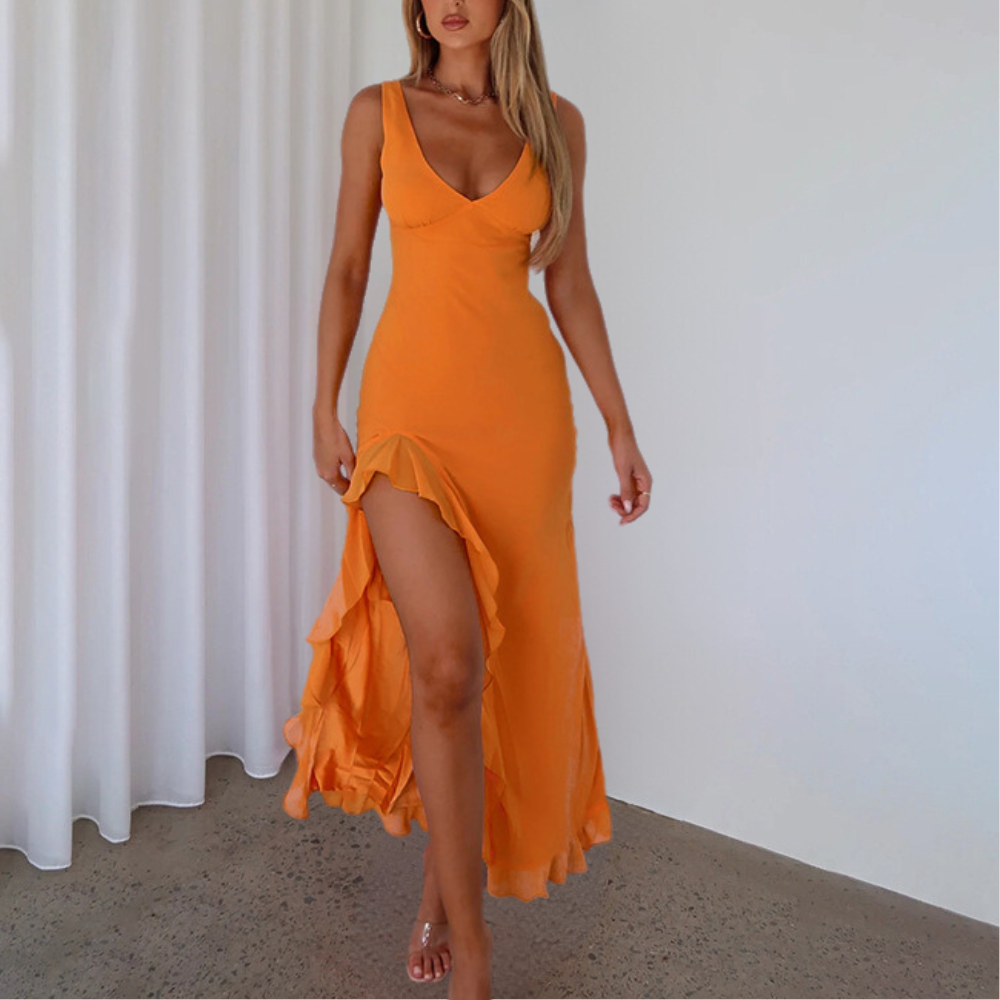 Women's Dress - Sleeveless V-neck - Asymmetric Slit - Elegant Party Dress