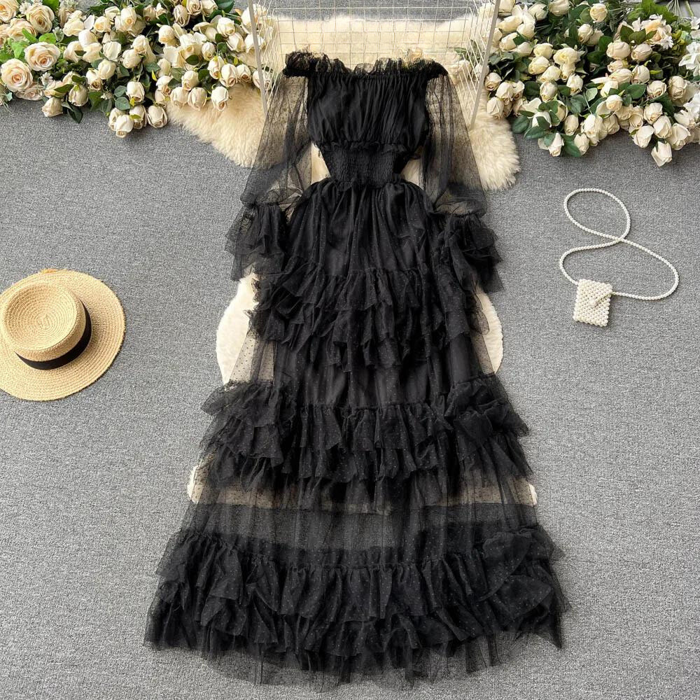 Dame Off-Shoulder Kjole - Tyl - Maxi Længde - Elegant Lagdelt Design