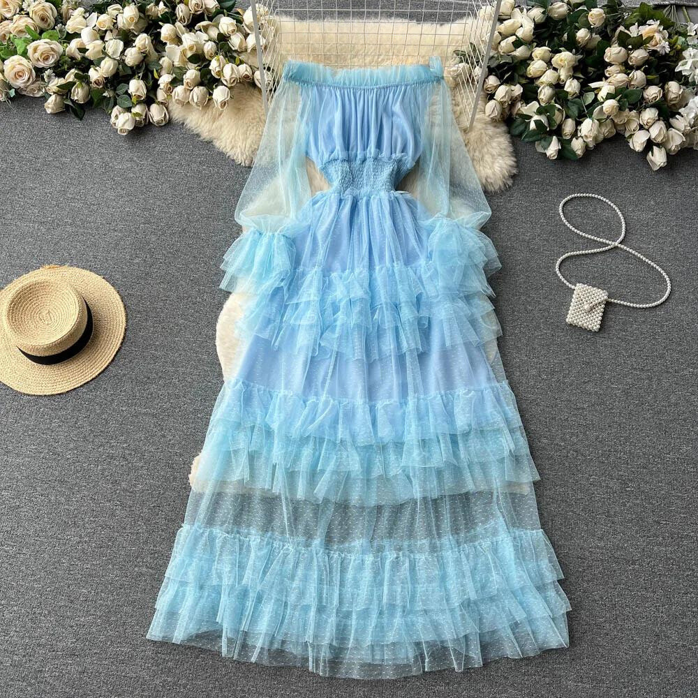 Dame Off-Shoulder Kjole - Tyl - Maxi Længde - Elegant Lagdelt Design
