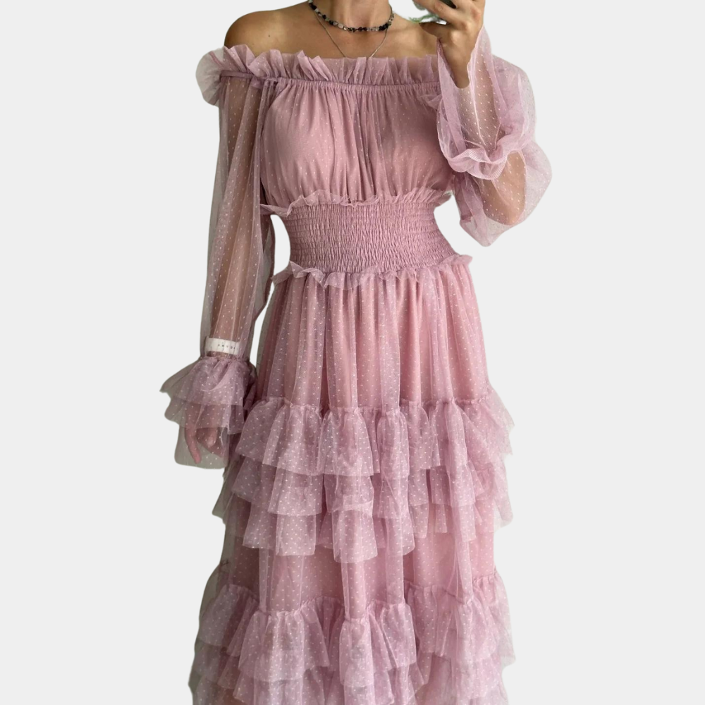 Dame Off-Shoulder Kjole - Tyl - Maxi Længde - Elegant Lagdelt Design