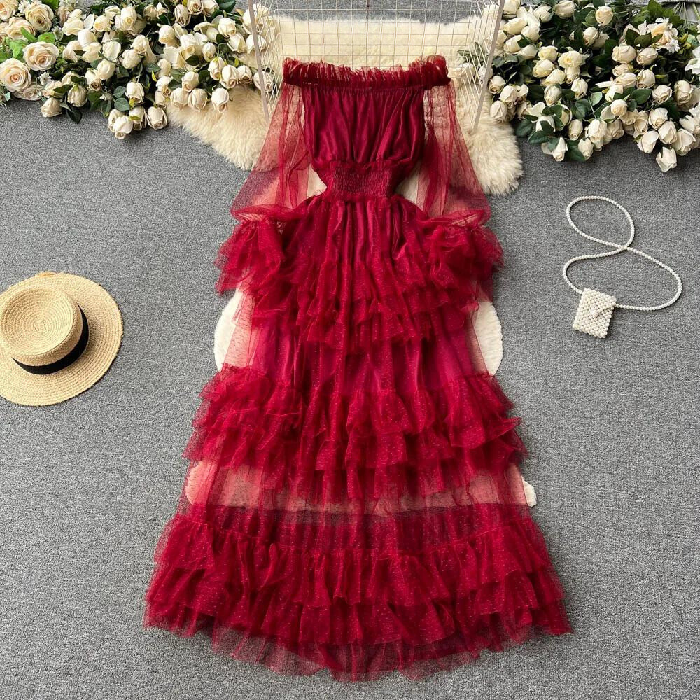 Dame Off-Shoulder Kjole - Tyl - Maxi Længde - Elegant Lagdelt Design