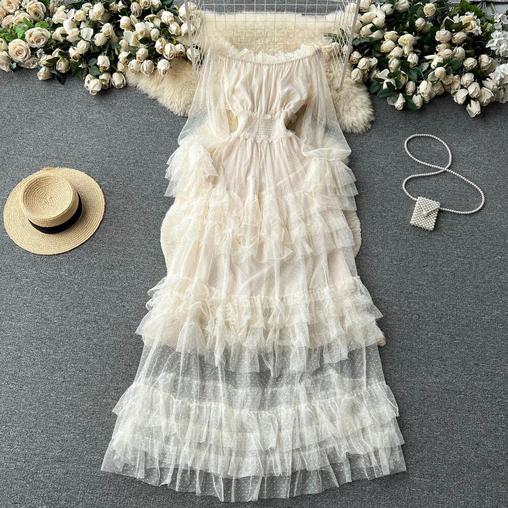 Women's Off-Shoulder Dress - Tulle - Maxi Length - Elegant Layered Design