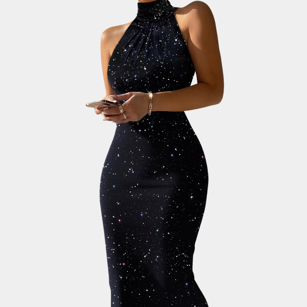 Dame Kjole - Ærmeløs Halterneck - Figursyet Elegant Aftenkjole med Stjernemønster