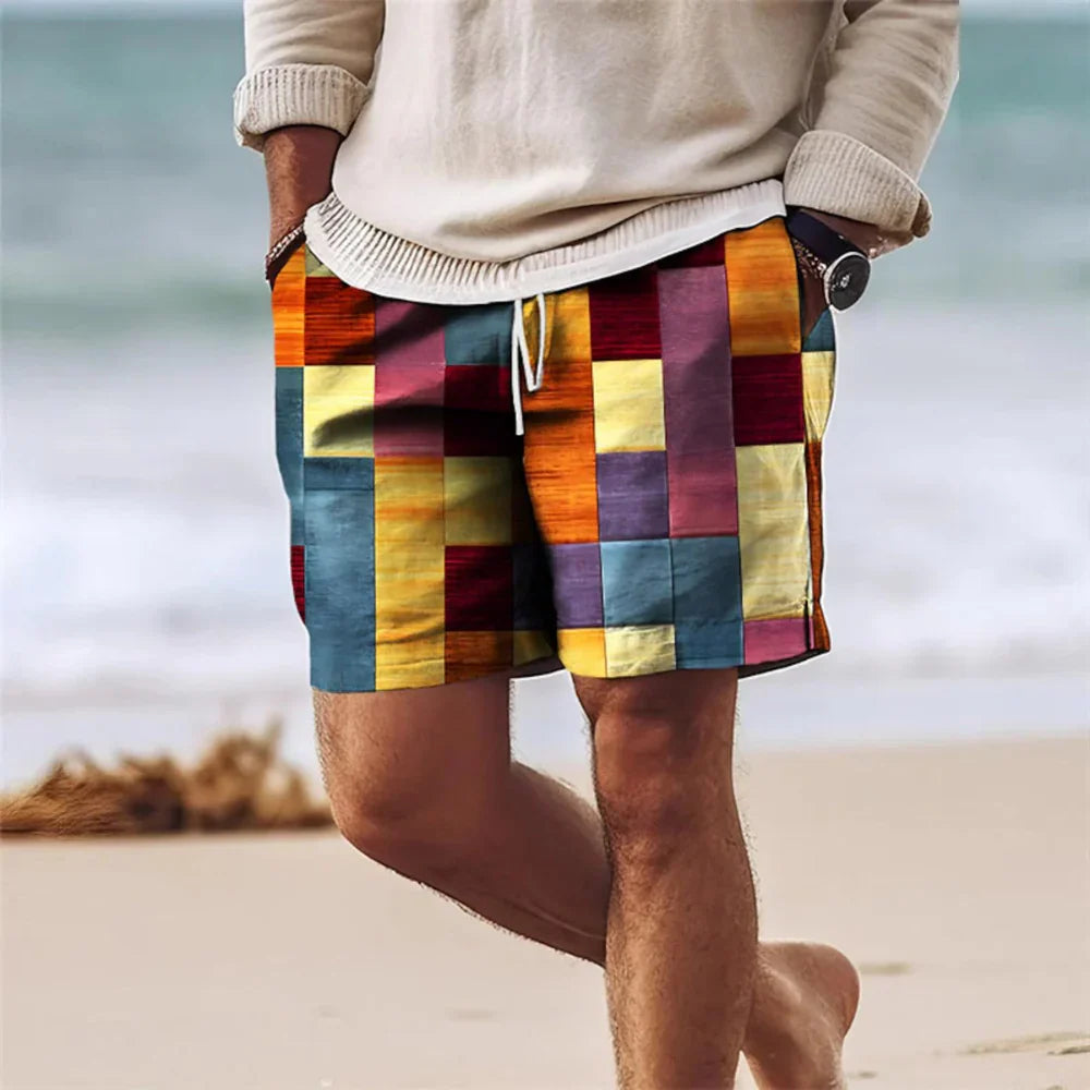 Men's Shorts – Relaxed Fit – Geometric Print – Adjustable Drawstring – Lightweight and Breathable