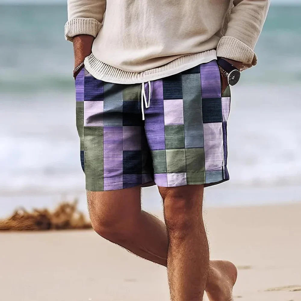 Men's Shorts – Relaxed Fit – Geometric Print – Adjustable Drawstring – Lightweight and Breathable
