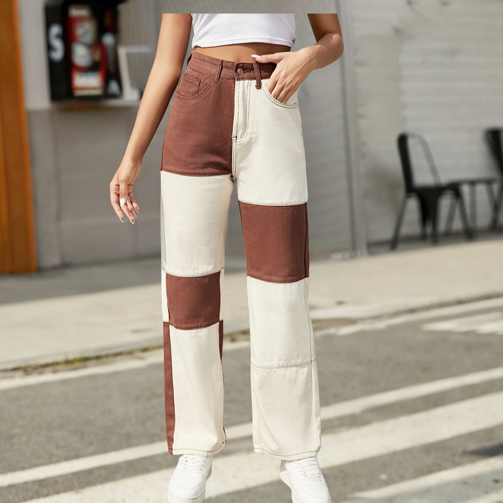 Kvinder's Jeans - Højtaljet - Wide Leg - Patchwork Design - Trendy afslappet Pasform