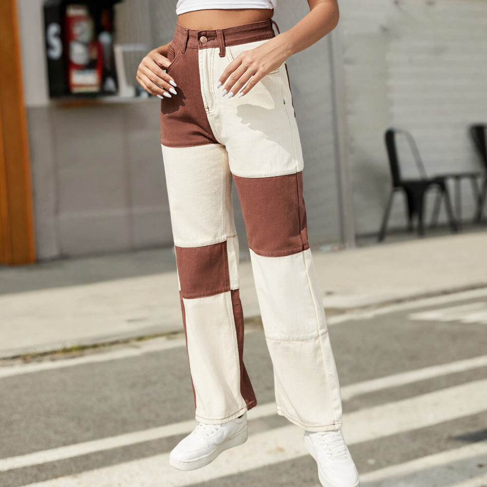 Kvinder's Jeans - Højtaljet - Wide Leg - Patchwork Design - Trendy afslappet Pasform