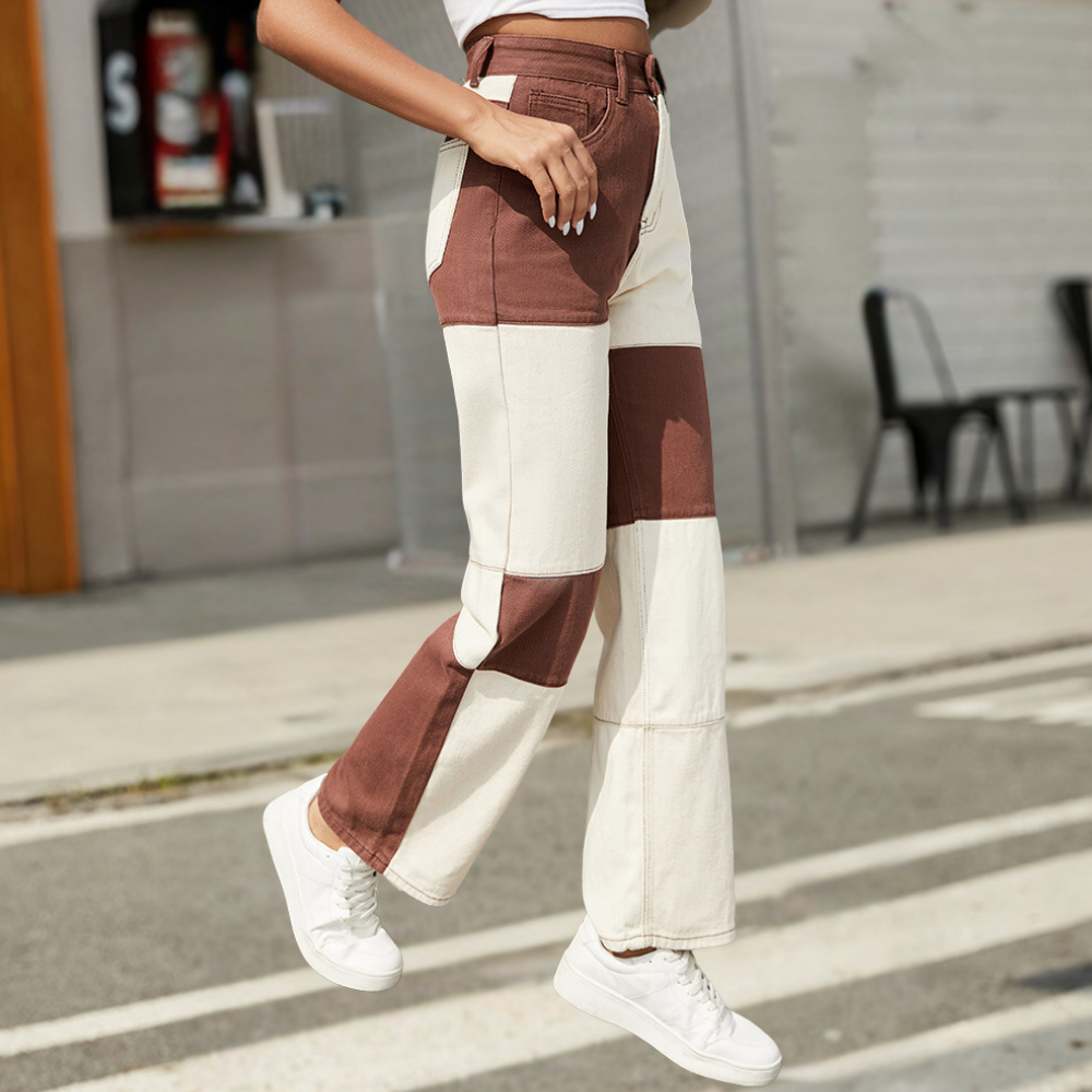 Kvinder's Jeans - Højtaljet - Wide Leg - Patchwork Design - Trendy afslappet Pasform