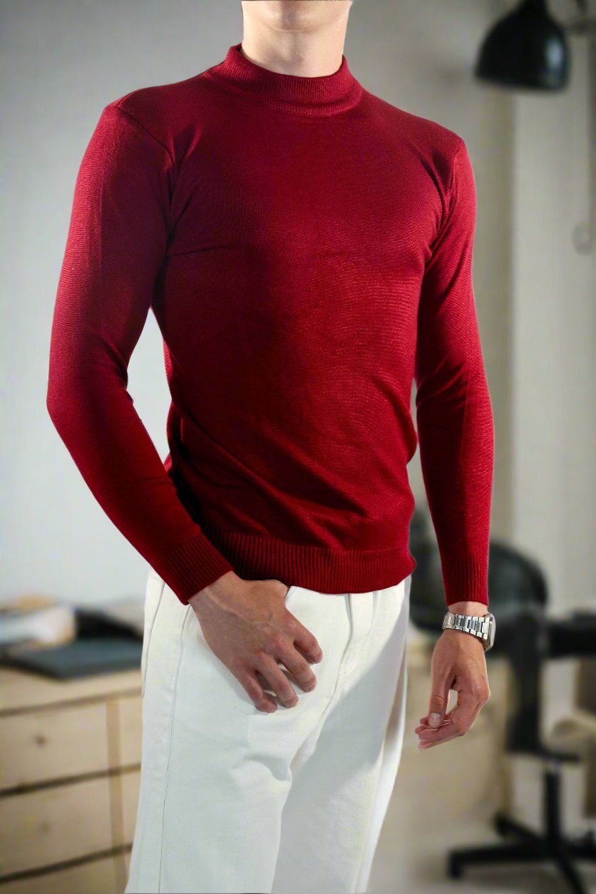 Herresweater - Slim Fit - Mock Neck - Let Strik med Ribkanter