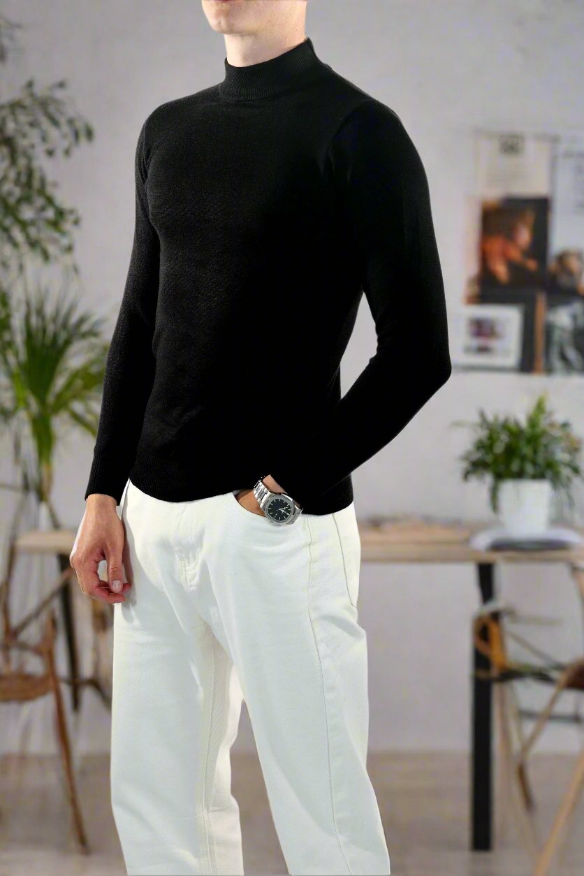 Herresweater - Slim Fit - Mock Neck - Let Strik med Ribkanter