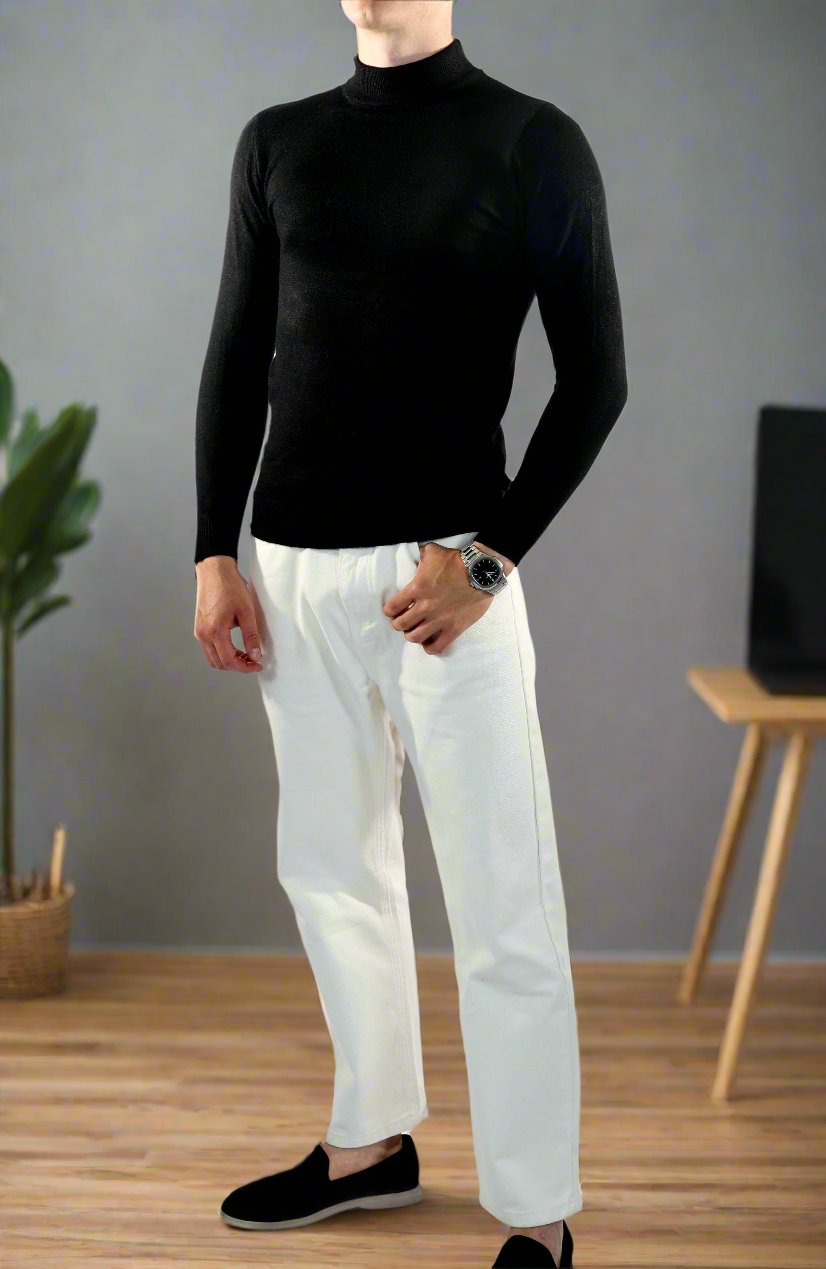 Herresweater - Slim Fit - Mock Neck - Let Strik med Ribkanter