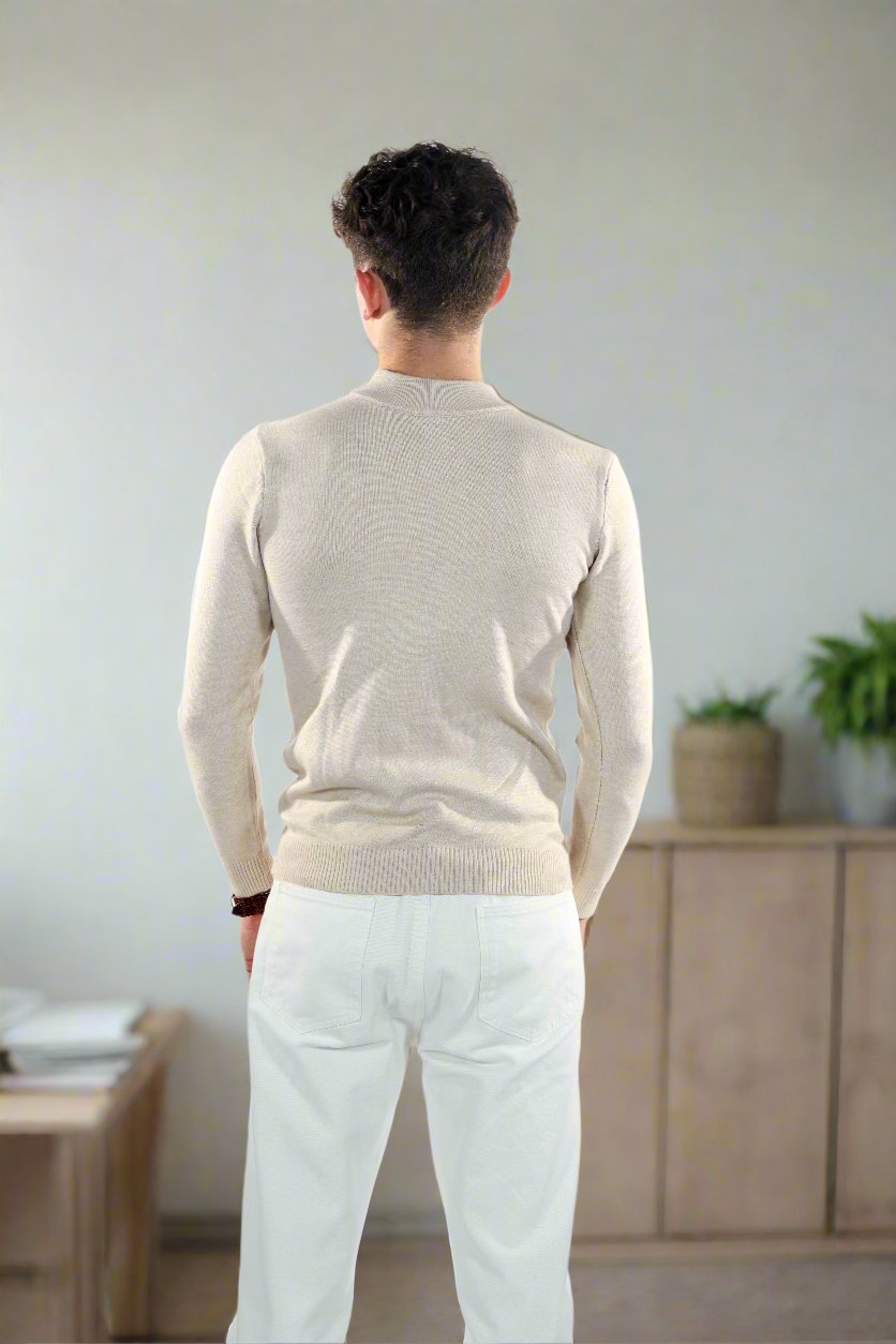 Herresweater - Slim Fit - Mock Neck - Let Strik med Ribkanter
